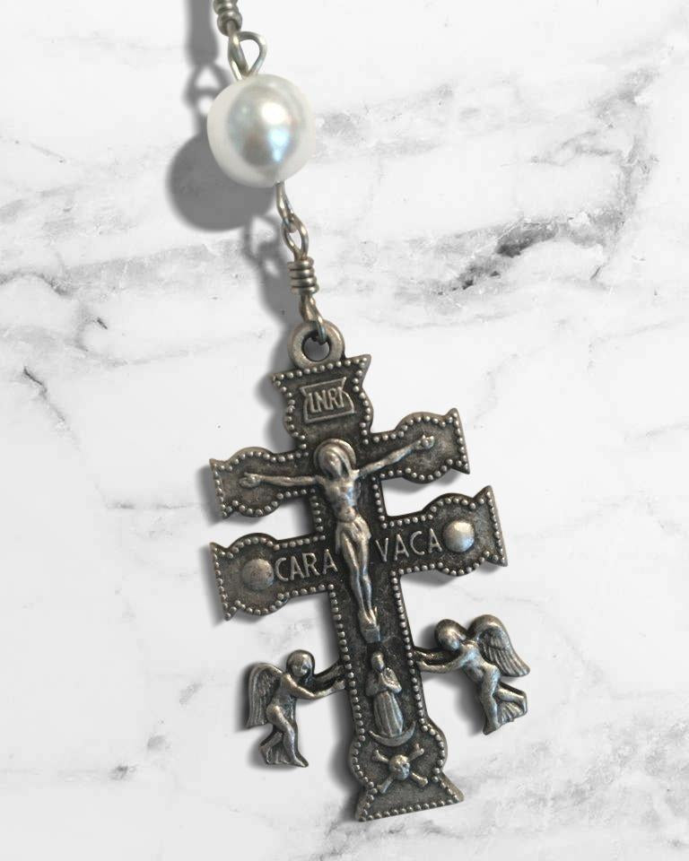 Caravaca Double Cross White-Glass Bead Rosary by Shannon
