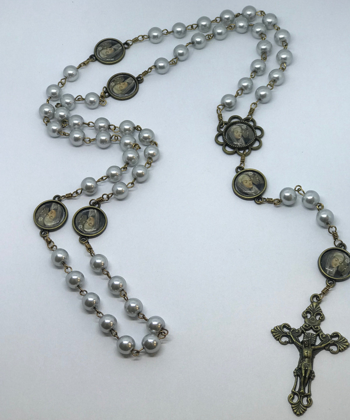 St. Catherine of Siena Silver Pearl Bronze Rosary with Filigree Crucif