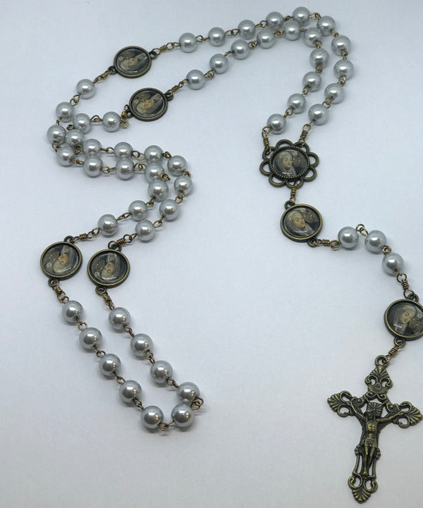 St. Catherine of Siena Silver Pearl Bronze Rosary with Filigree Crucifix by Shannon