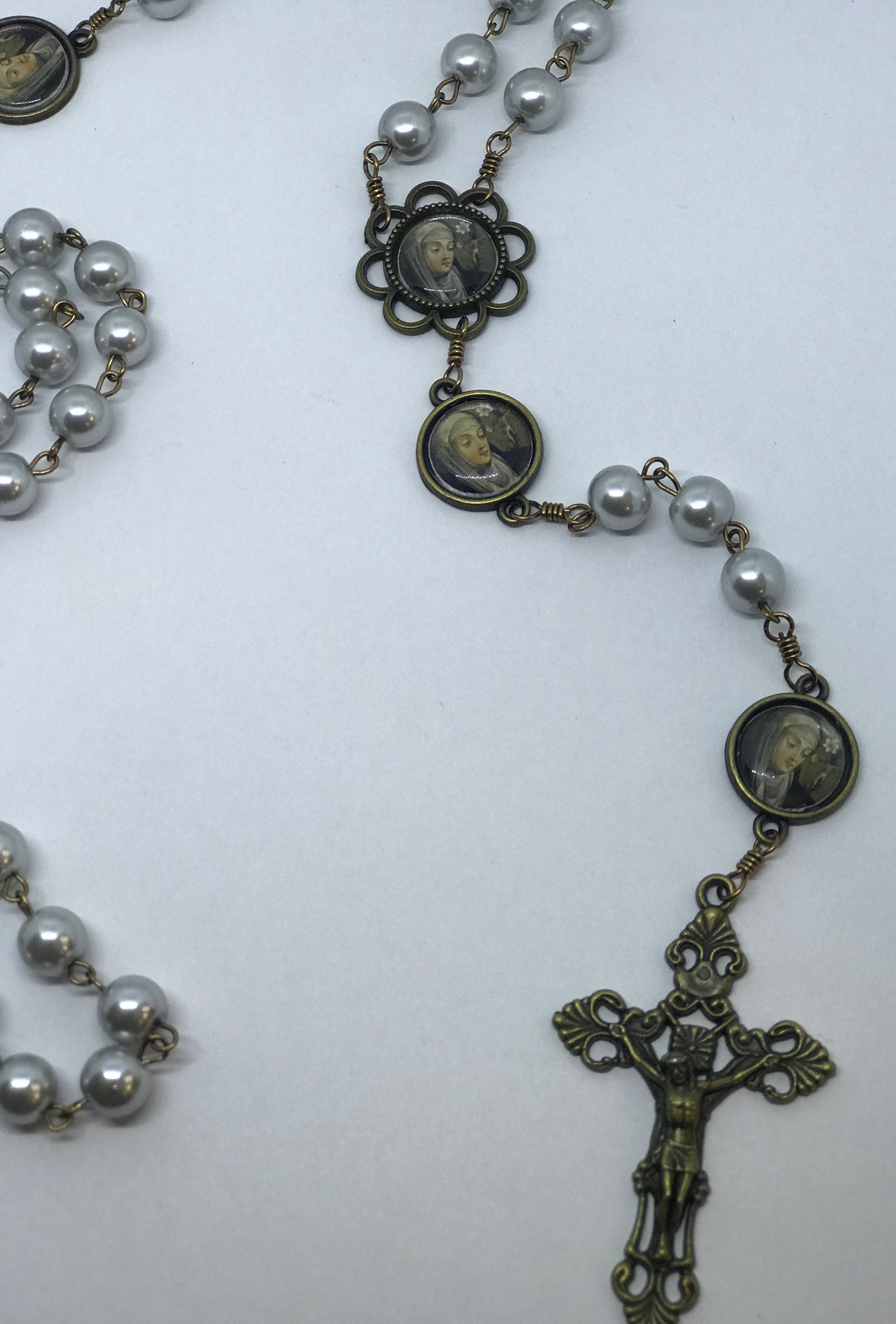 St. Catherine of Siena Silver Pearl Bronze Rosary with Filigree Crucifix by Shannon