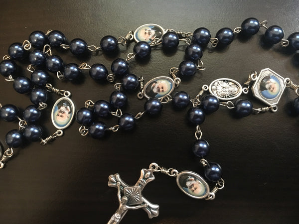 St. Padre Pio Vintage Art Deep-Blue Pearl Rosary with Crucifix by Shannon