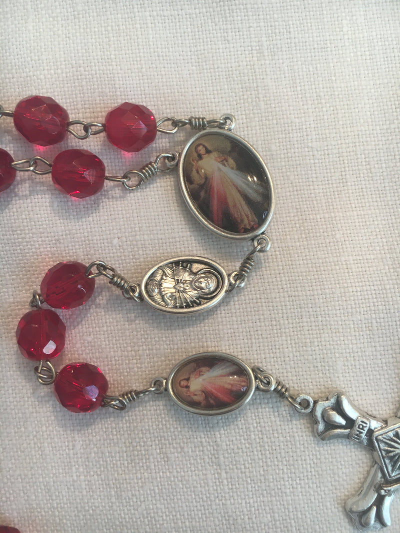 Divine Mercy Vintage Art Ruby Rosary with Crucifix by Shannon