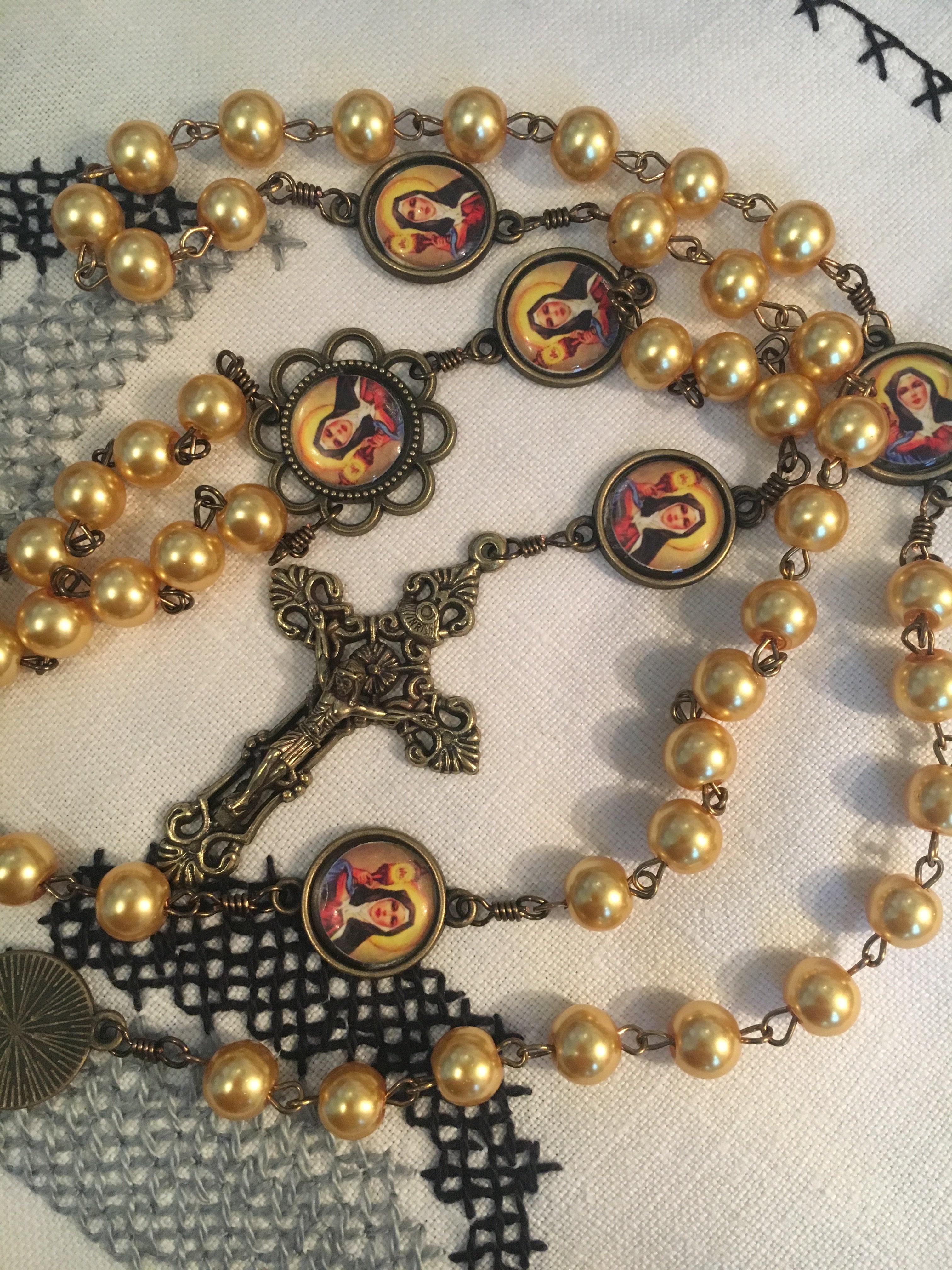 St. Claire Vintage Art Yellow Pearl Rosary with Filigree Crucifix by Shannon