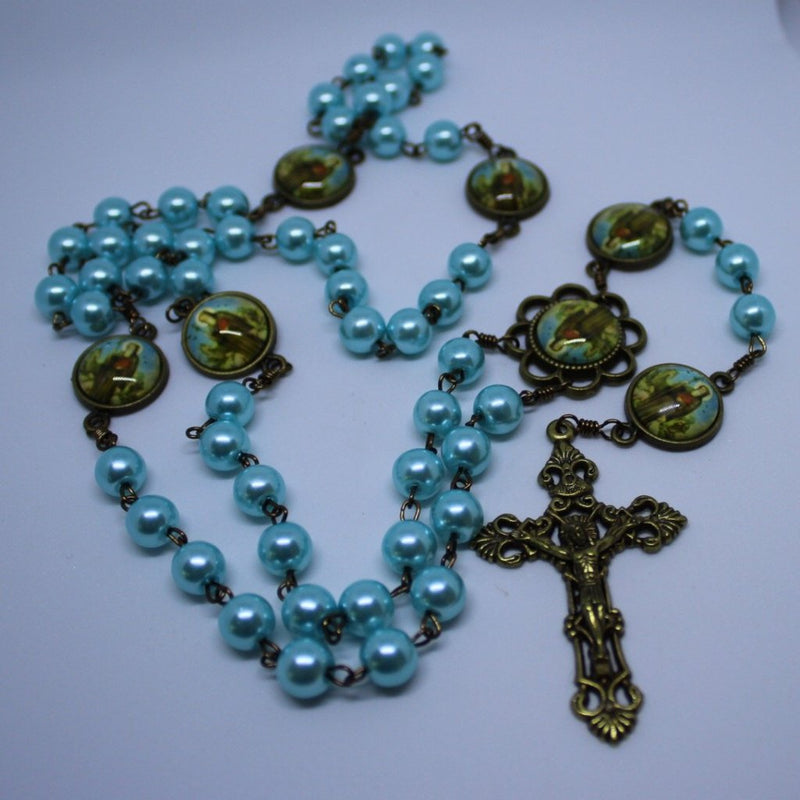 St. Benedict Vintage Art Light-Blue Rosary with Filigree Crucifix by Shannon