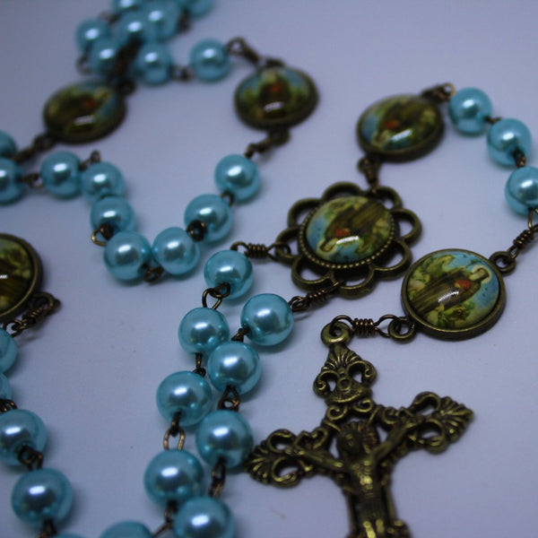 St. Benedict Vintage Art Light-Blue Rosary with Filigree Crucifix by Shannon
