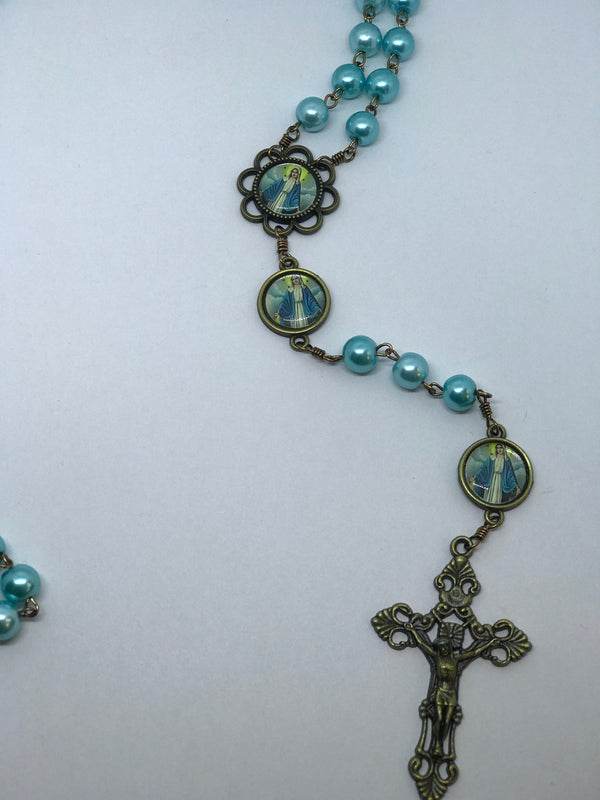 Our Lady of Grace Teal Pearl Bronze Rosary