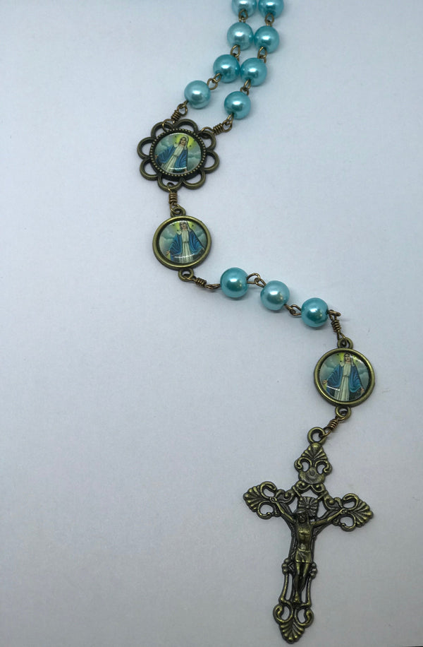 Our Lady of Grace Teal Pearl Bronze Rosary