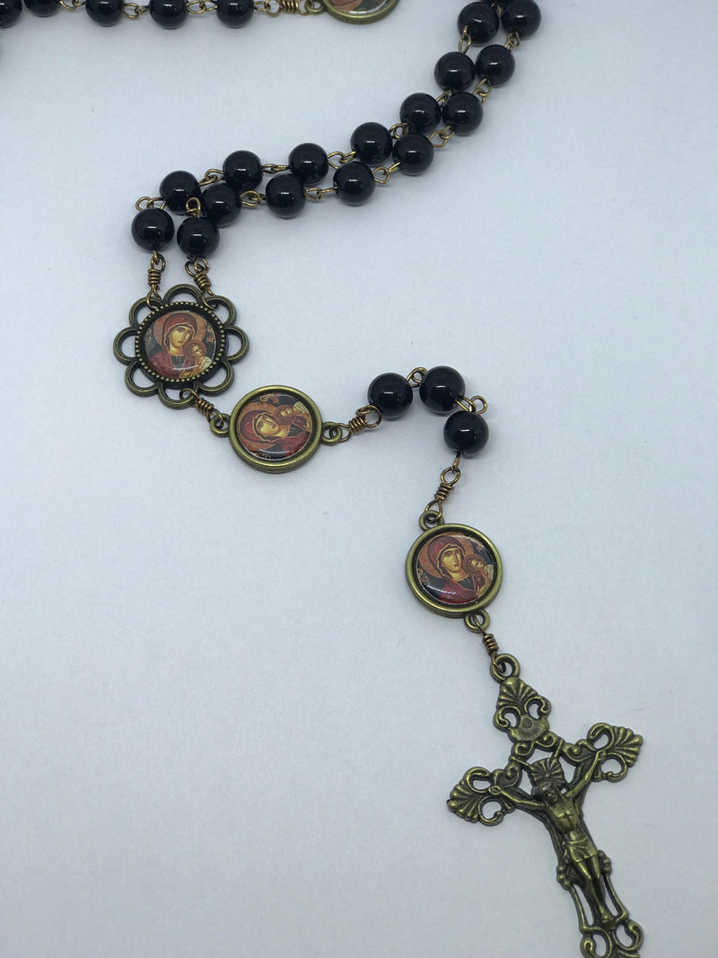 Our Lady of Perpetual Help Black "Pearl" Bronze Rosary with Filigree Crucifix by Shannon