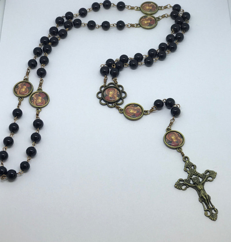 Our Lady of Perpetual Help Black "Pearl" Bronze Rosary with Filigree Crucifix by Shannon