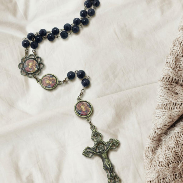 Our Lady of Perpetual Help Black "Pearl" Bronze Rosary with Filigree Crucifix by Shannon