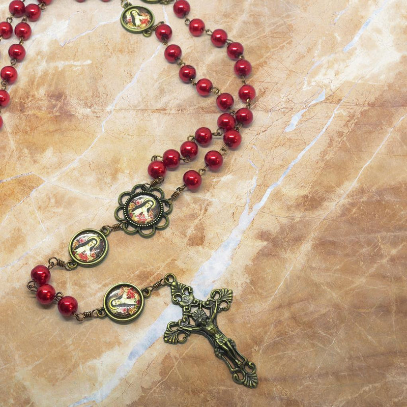 St. Therese Red Pearl Bronze Rosary with Filigree Crucifix by Shannon