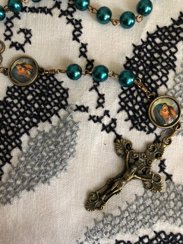 Our Lady of Sorrows Teal Pearl Bronze Rosary with Filigree Crucifix by Shannon