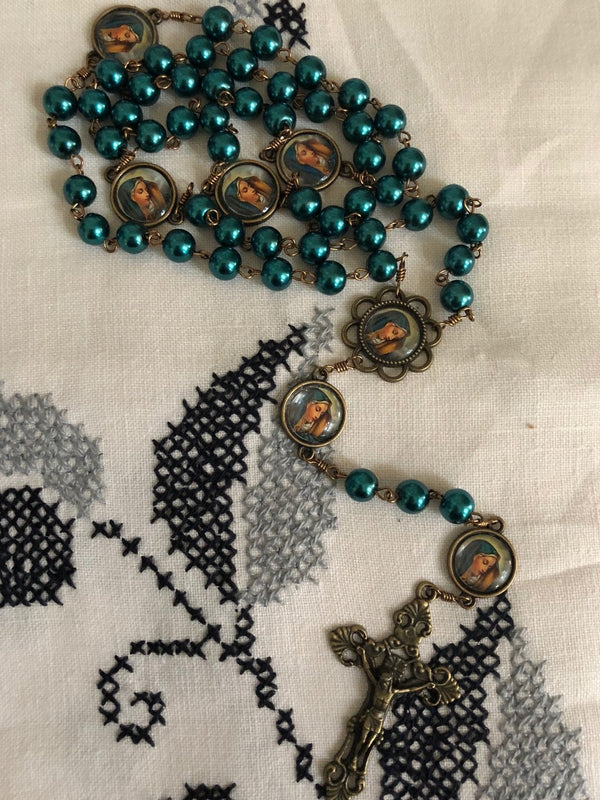 Our Lady of Sorrows Teal Pearl Bronze Rosary with Filigree Crucifix by Shannon