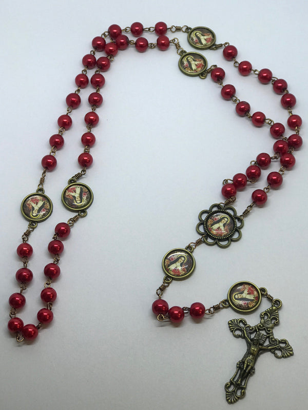 St. Therese Red Pearl Bronze Rosary with Filigree Crucifix by Shannon