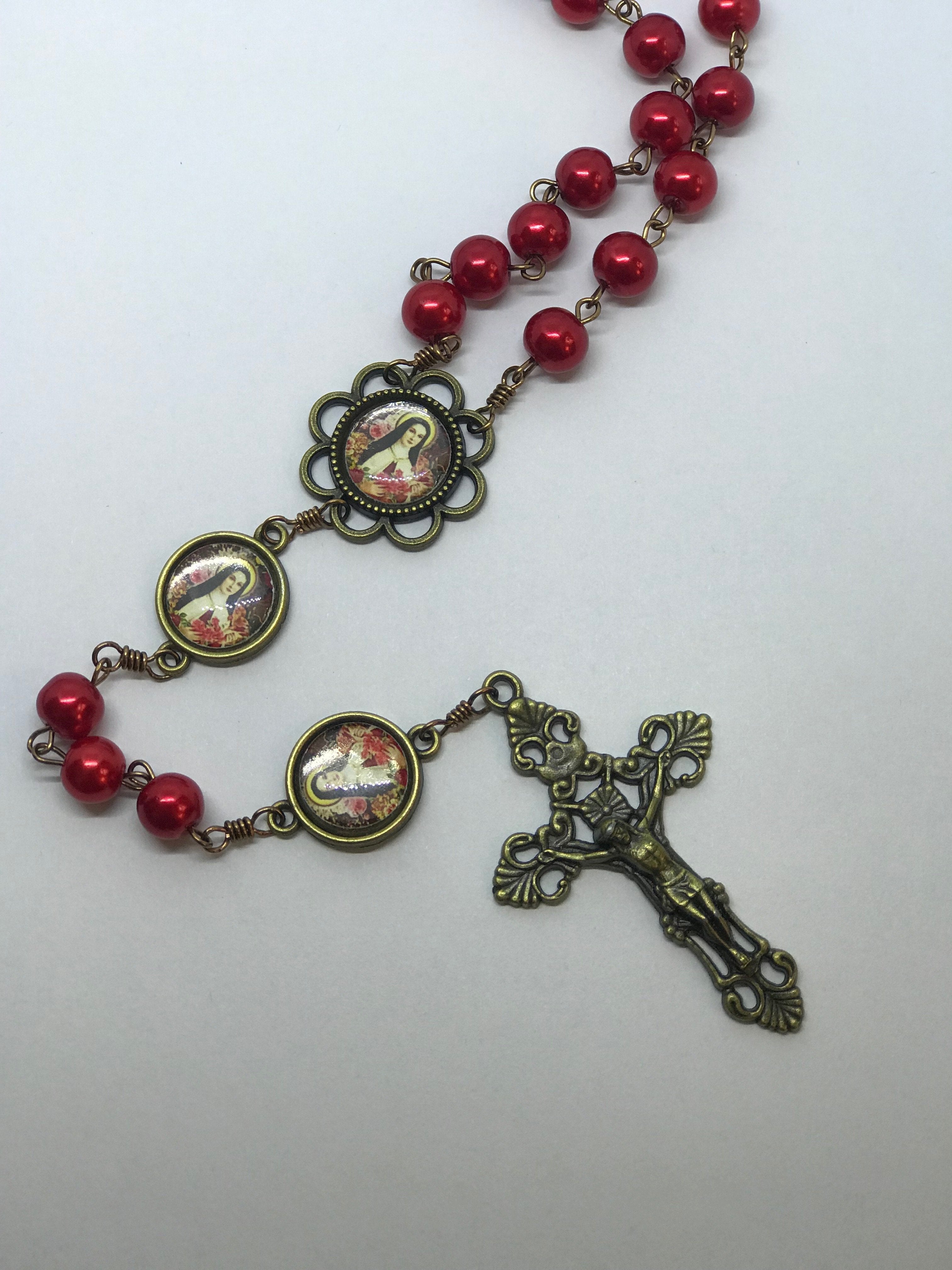 St. Therese Red Pearl Bronze Rosary with Filigree Crucifix by Shannon